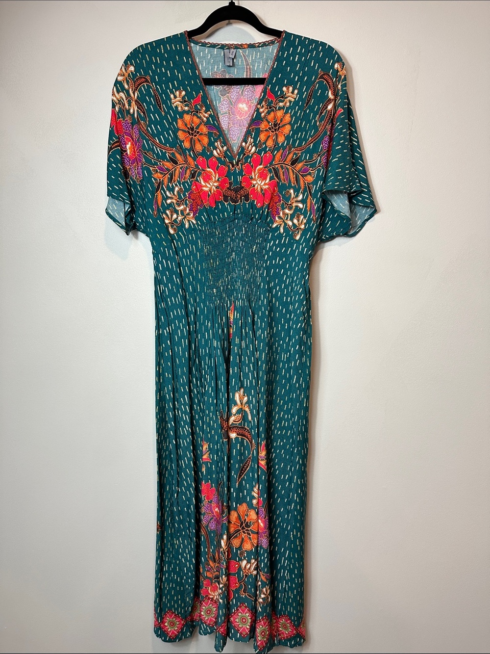 Anthropologie BL^NK London Boho Floral Midi Dress One Size Teal Smocked Waist - Picture 2 of 12